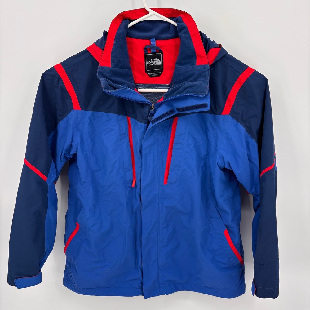 The North Face HyVent Jacket Mens XL Blue Red Excellent Hooded Rain Shell Vented